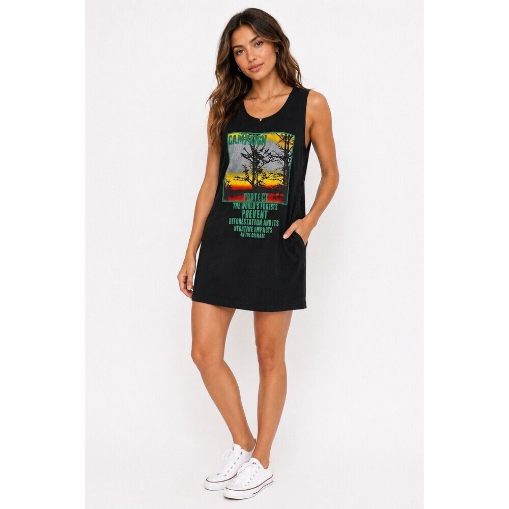 Yi Ran Graphic Tank Dress Black Sleeveless Midi Dress Forest Print Size XL